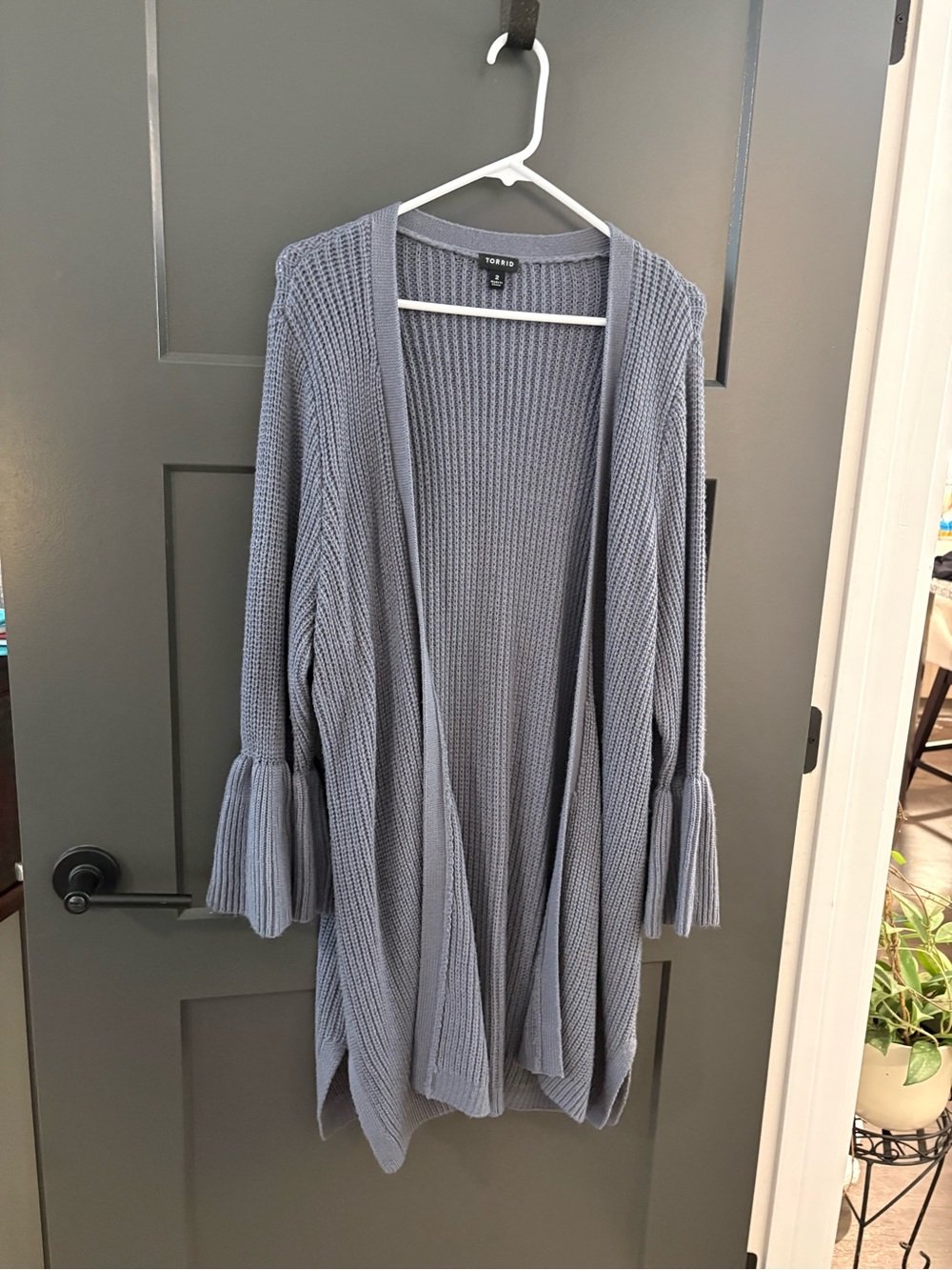 torrid Dusty Blue Open Ribbed Cardigan with Ruffled Bell Sleeves